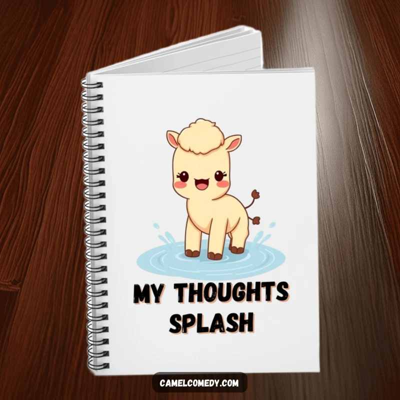 Funny Kawaii Camel Notebook with a cute camel splashing in water, perfect for notes and creative journaling.