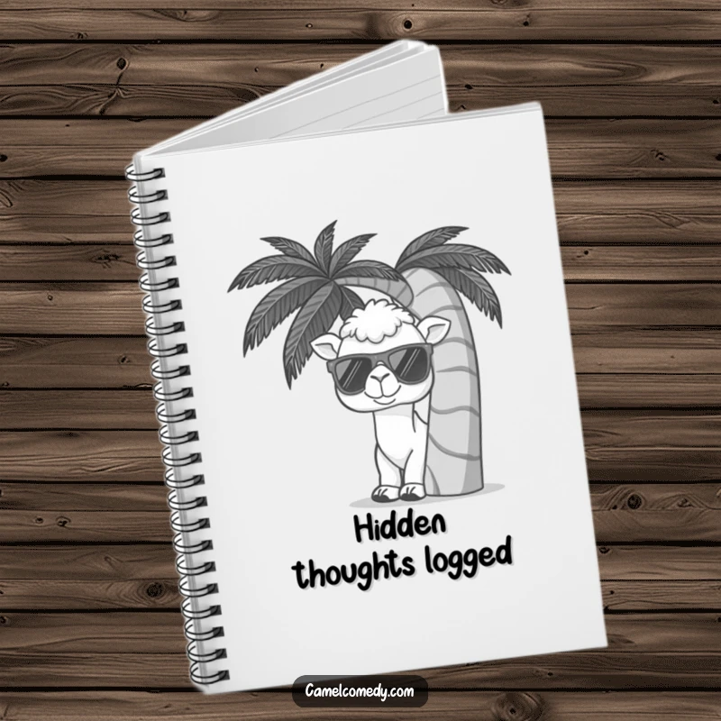 Funny notebook featuring a kawaii camel wearing sunglasses, peeking from behind a palm tree, perfect for journaling humor.