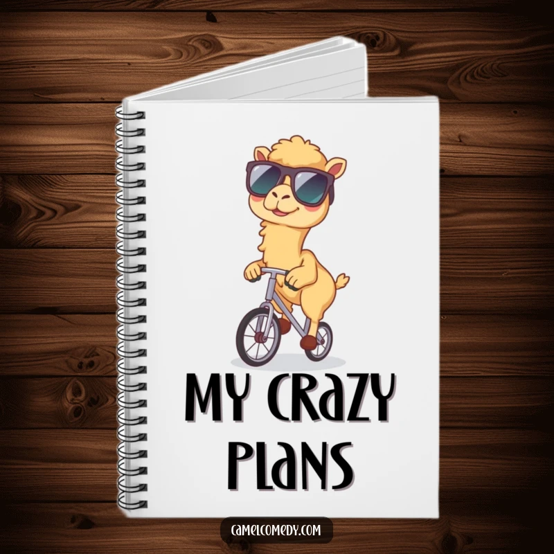 Funny notebook showcasing a kawaii camel in sunglasses riding a unicycle, perfect for note-taking with a humorous twist.