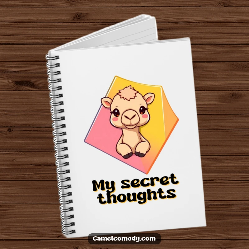 Funny camel peeking from behind a bright geometric shape, featured on the cover of a humorous notebook.