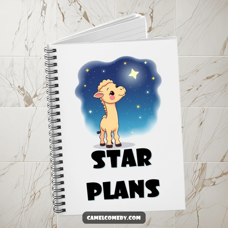 Funny notebook featuring a whimsical camel gazing up at a starry night sky, perfect for capturing creative ideas and celestial dreams.