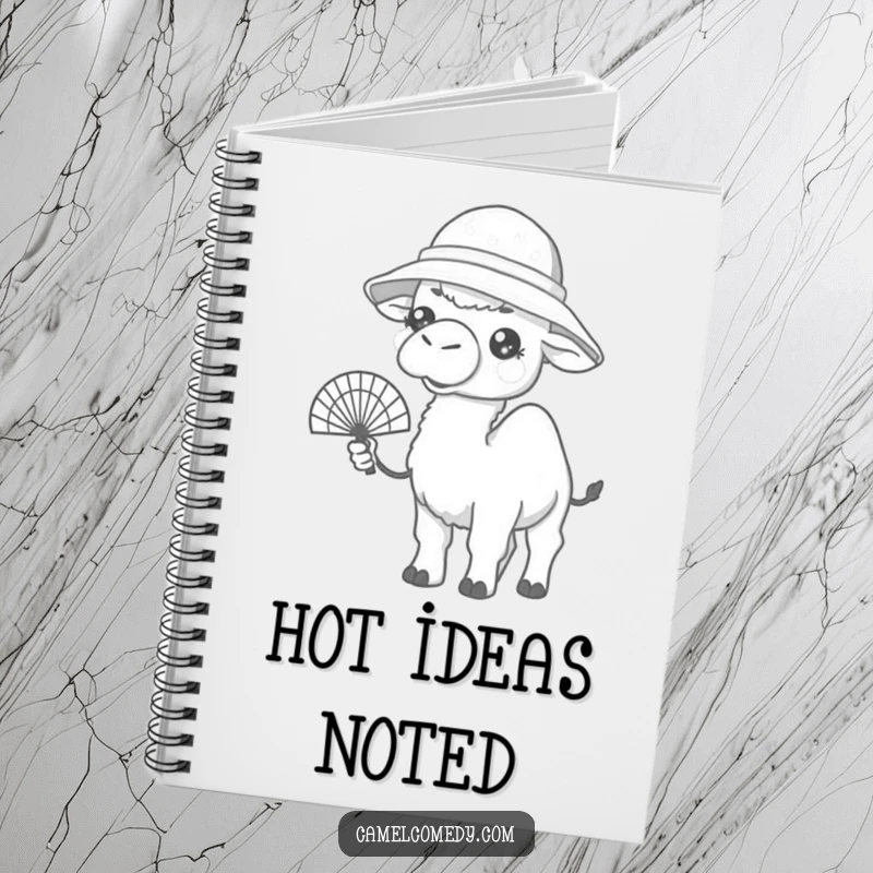 Funny notebook featuring a kawaii camel in a bucket hat, holding a fan, looking warm, perfect for journaling humor.