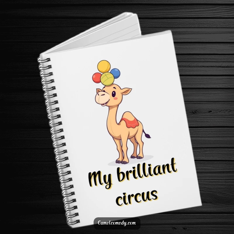 Funny camel juggling colorful balls on its hump, featured on the cover of a humorous notebook.