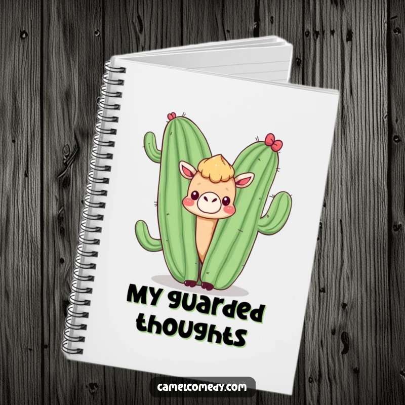 Funny notebook featuring a kawaii camel peeking from behind a smiling cactus, perfect for jotting down thoughts with desert humor.