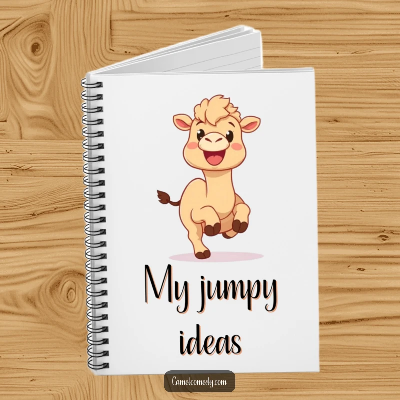 Funny camel notebook cover with a camel doing a silly hop with a big, happy expression, for journaling joyful thoughts.