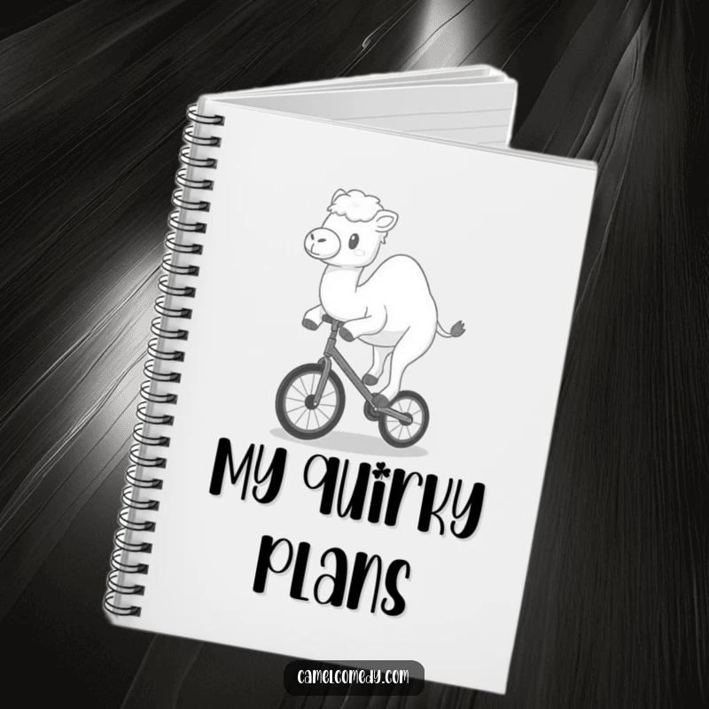 Funny notebook featuring a kawaii camel happily wobbling on a tiny unicycle, perfect for journaling humor.