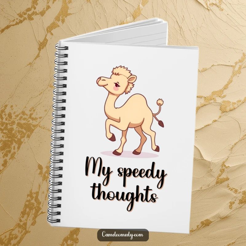 Funny camel notebook cover with a camel in motion, one leg raised, looking back with a playful wink, for jotting down witty notes.