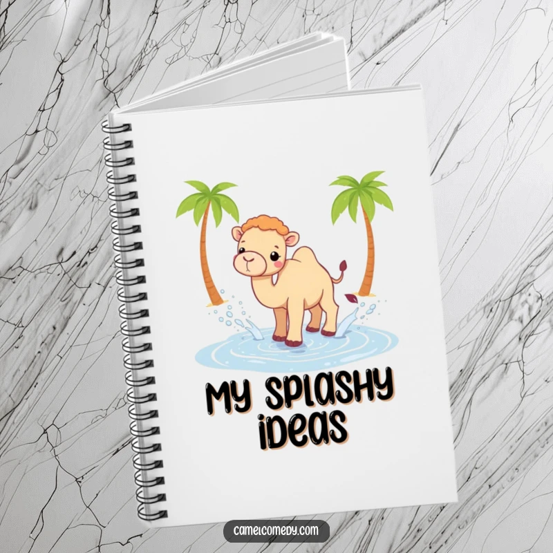Funny Kawaii camel notebook showing a camel playfully splashing water from a small oasis, ready for fun notes.