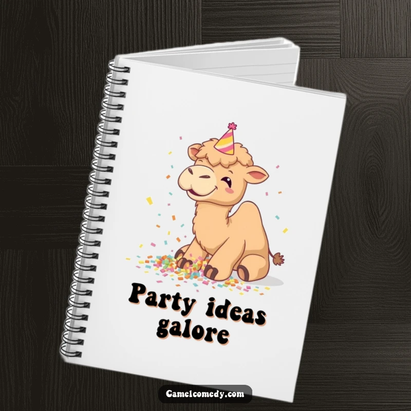 Funny camel notebook cover, giggling and spilling confetti, wearing a party hat, great for writing.