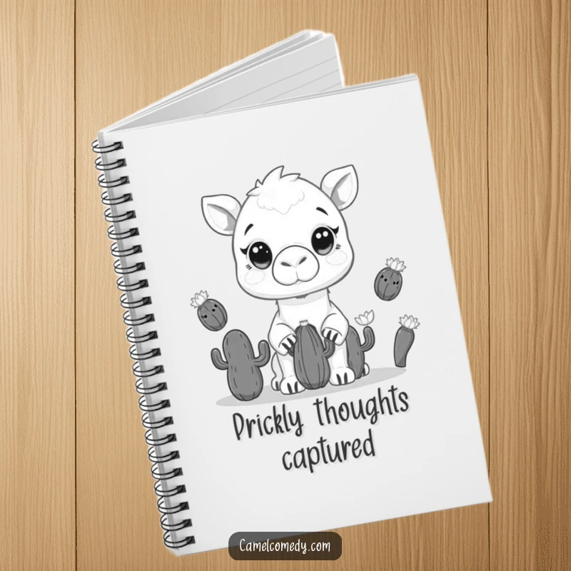 Funny notebook featuring a kawaii camel juggling cacti with wide eyes, perfect for journaling humor.