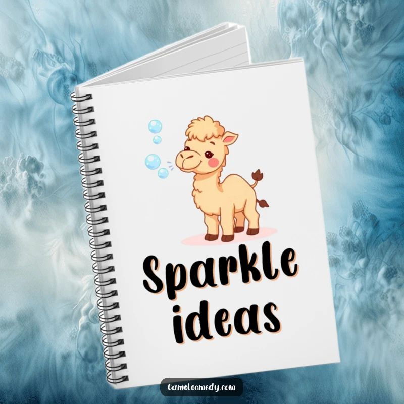Funny notebook featuring a tiny camel happily blowing a stream of sparkly bubbles, perfect for capturing creative thoughts and happy ideas.