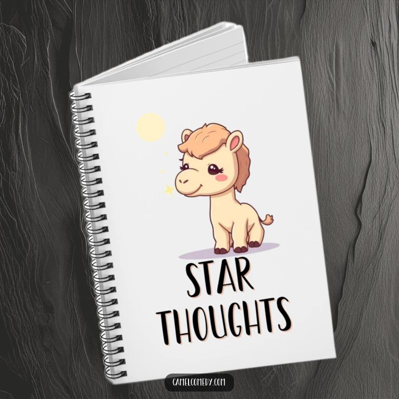 Funny notebook featuring a curious camel intently sniffing a single, sparkling moonbeam, perfect for capturing creative ideas and dreams.