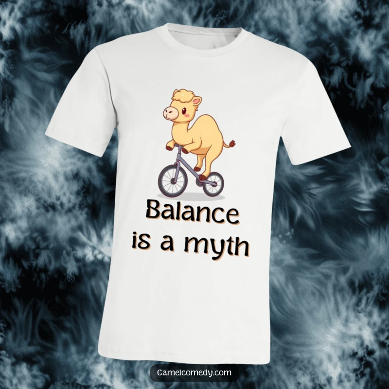 Funny t-shirt depicting a kawaii camel happily wobbling on a tiny unicycle, showcasing comical circus humor.