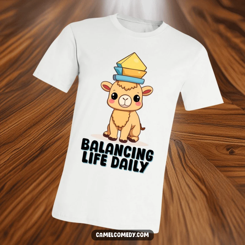 Funny Kawaii Camel T-Shirt depicting a cute camel expertly balancing a pyramid of shapes on its head.