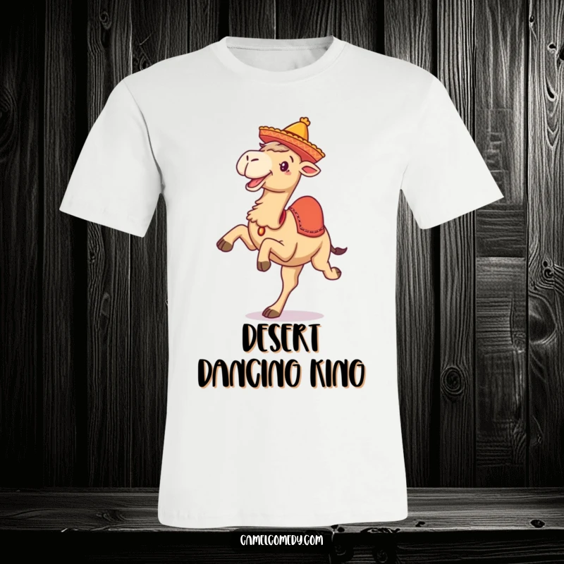 Funny t-shirt showcasing a camel gleefully kicking its legs up while sporting a small, jaunty sombrero, embodying pure joy.