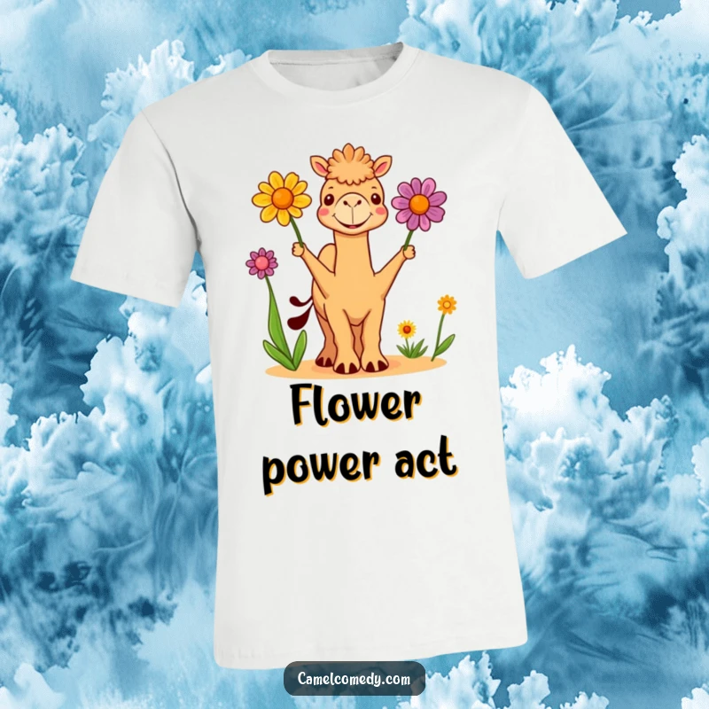 Funny T-Shirt: a cute camel cheerfully juggles three vibrant desert flowers, showcasing pure joy and a playful, funny spirit.