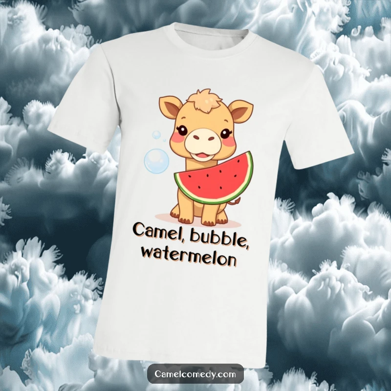Funny camel wearing a huge smile, blowing a giant watermelon bubble, on a soft t-shirt, a hilarious gift.