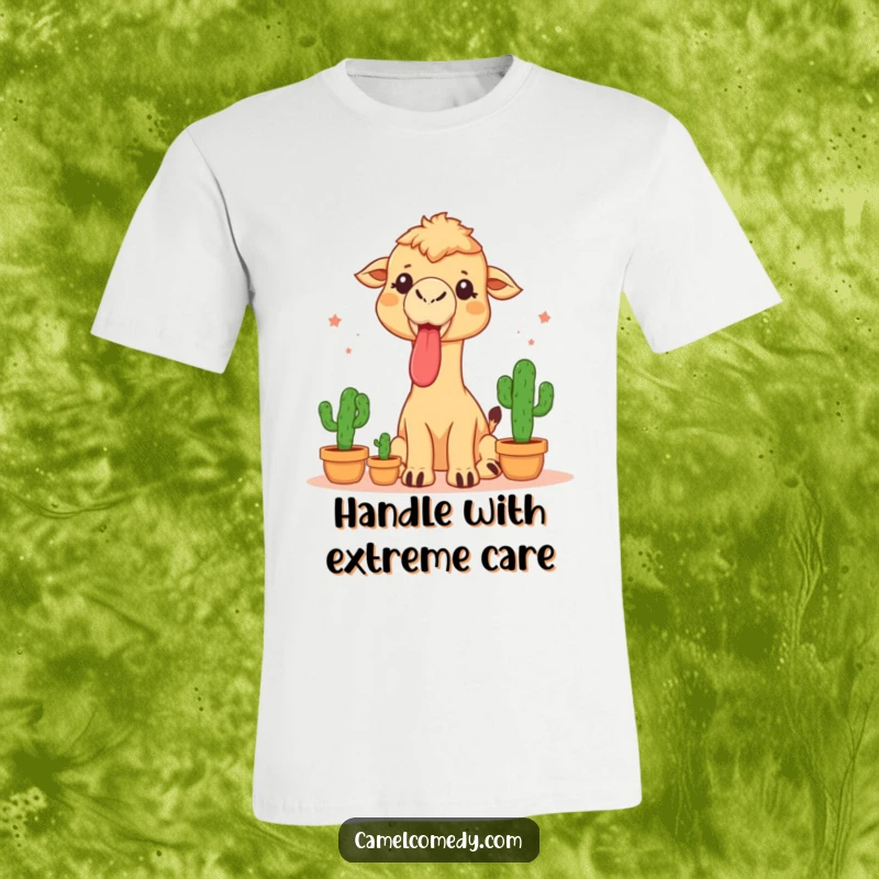 Funny t-shirt depicting a camel sticking its tongue out while skillfully juggling three small cacti, embodying daring humor.