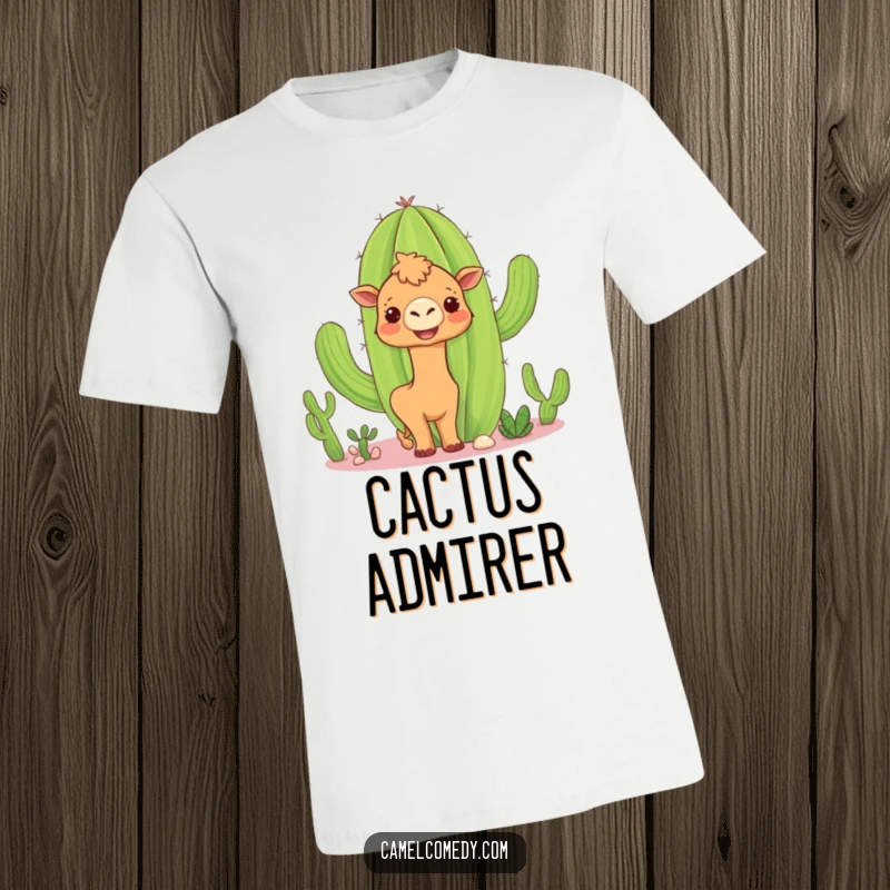 Funny camel cactus t-shirt with a curious camel peeking around a large, smiling cactus, highlighting playful desert antics.