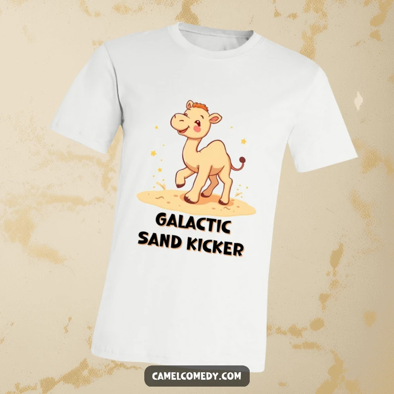 Funny camel star kicker t-shirt with a camel energetically kicking up sand, adorned with tiny stars, exuding pure glee.