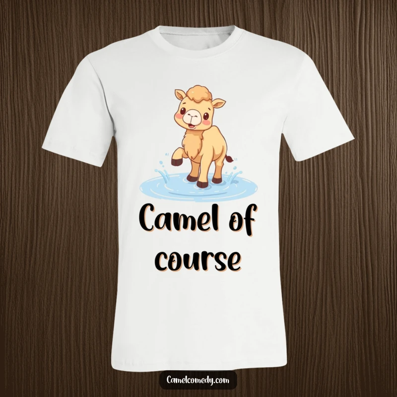 Funny t-shirt featuring a delighted camel splashing enthusiastically with its feet in a puddle, capturing pure aquatic fun.