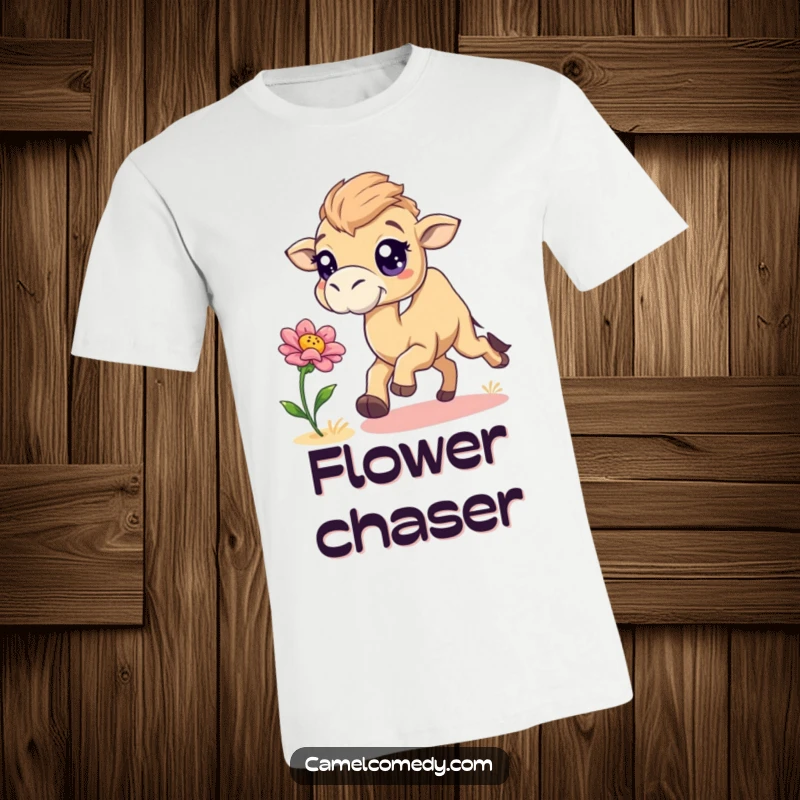 Funny camel with sparkling eyes joyfully chasing a bouncing desert flower on a colorful t-shirt.