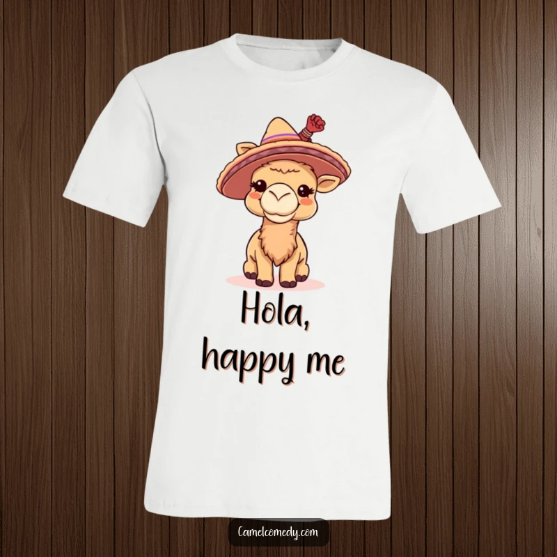 Funny t-shirt with a giggling camel wearing a tiny sombrero, tipping it with a joyful, festive expression.