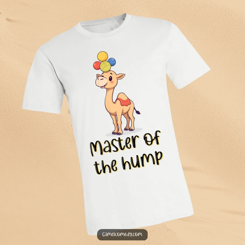 Funny, happy camel precariously balancing a stack of colorful juggling balls on its hump on a t-shirt.