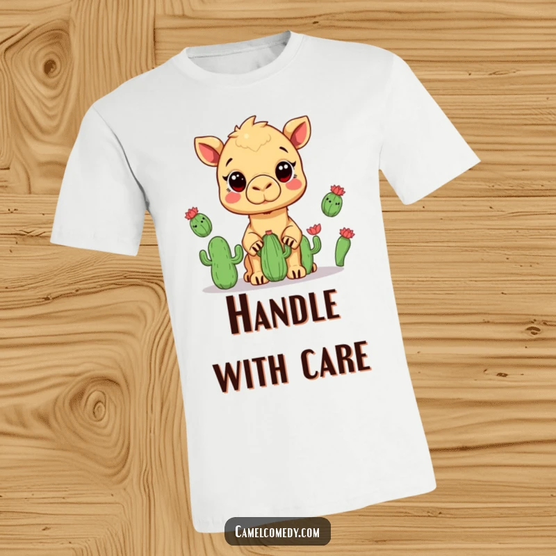 Funny t-shirt depicting a kawaii camel with wide eyes juggling three small cacti, highlighting desert juggling humor.