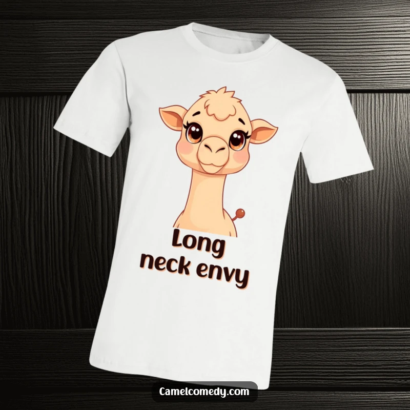 Funny Kawaii Camel T-Shirt featuring a cute camel with big eyes stretching its long neck, a humorous apparel gift.
