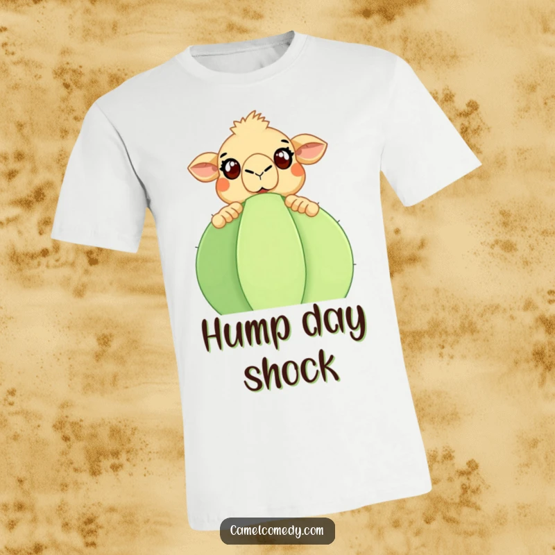 Funny Camel T-Shirt: A surprised camel with wide eyes peeking over a large cactus, showcasing desert humor. Perfect funny gift.