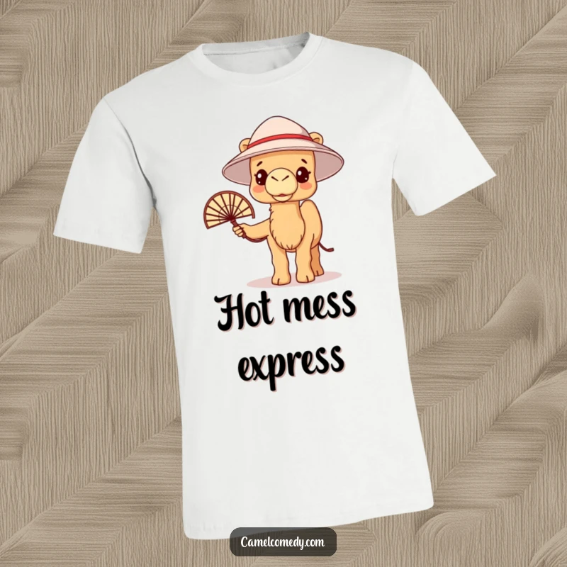 Funny kawaii camel in a bucket hat, fanning itself with a small fan, looking warm on a t-shirt.