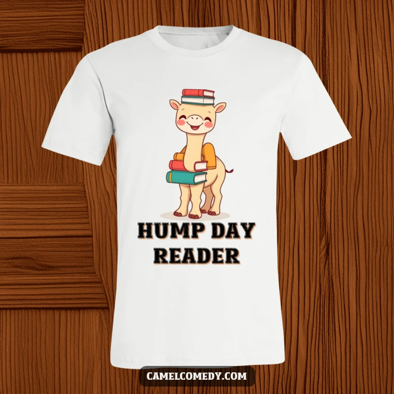 Funny Bookish Camel T-Shirt: a joyful camel balances a precarious stack of books on its hump, embodying funny intellect and balance.