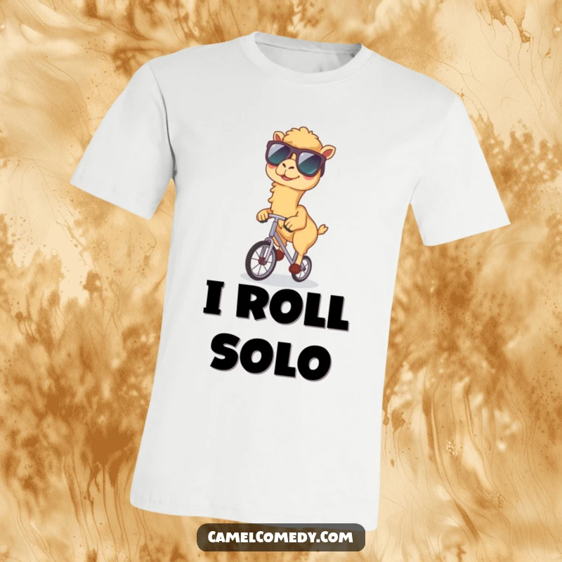Funny t-shirt featuring a kawaii camel wearing sunglasses and riding a unicycle, a humorous and stylish statement piece.