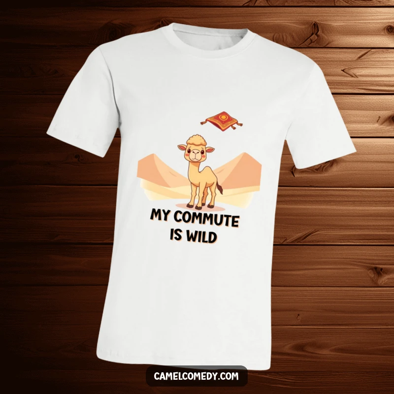 Kawaii camel with wide eyes, looking surprised by a flying carpet in a desert dune setting on a comfortable t-shirt, celebrating fantasy.