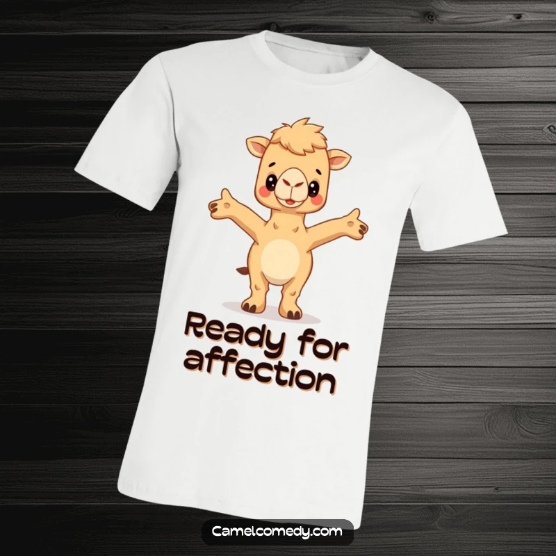 Funny Camel T-Shirt showing a camel with arms wide open, inviting a comforting hug, radiating friendly humor.