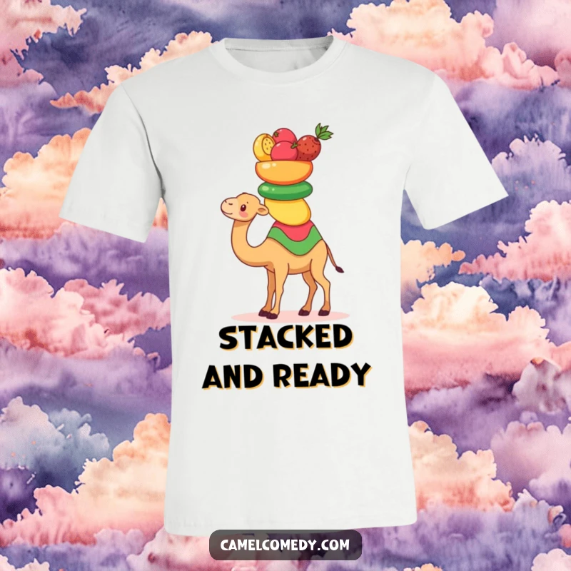 Funny Kawaii Camel T-Shirt featuring a cute camel balancing colorful desert fruits, a humorous statement piece.