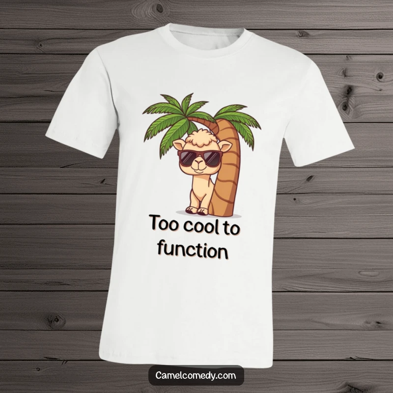 Funny t-shirt depicting a kawaii camel wearing sunglasses, peeking from behind a palm tree, showing tropical humor.