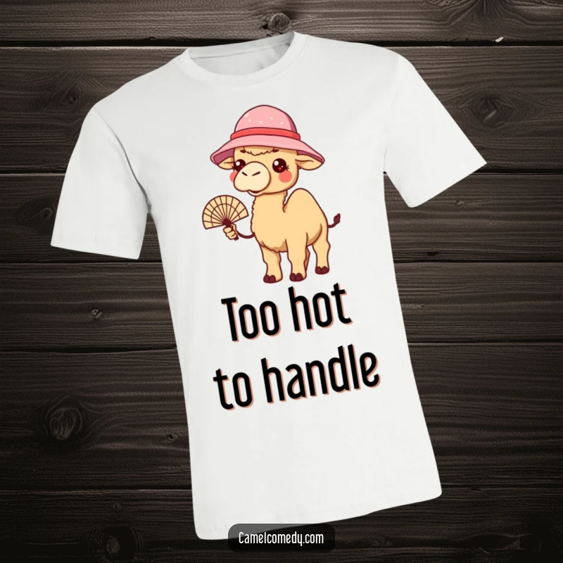 Funny t-shirt depicting a kawaii camel in a bucket hat, holding a fan, looking hot and bothered, showing summer humor.