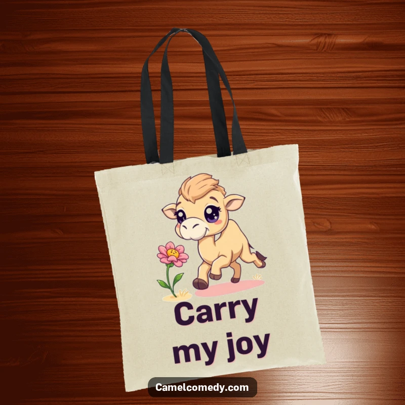 Funny camel with sparkling eyes chasing a bouncing desert flower, on a durable and humorous tote bag.