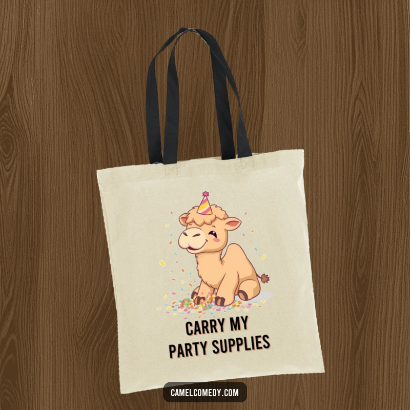Funny camel tote bag, giggling and spilling confetti while wearing a party hat, perfect for carrying party essentials.