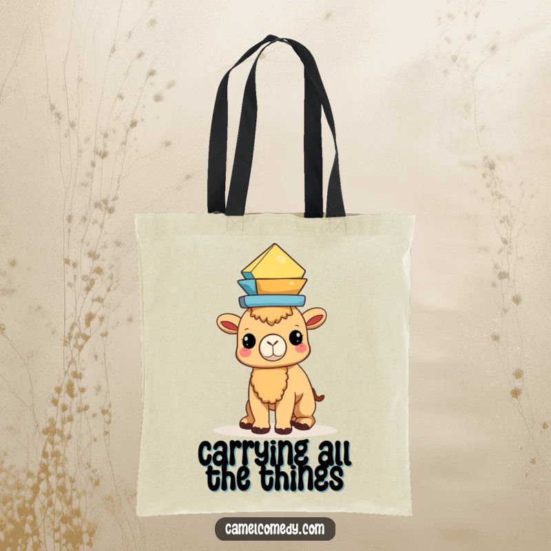 Funny Kawaii Camel Tote Bag featuring a camel balancing geometric shapes, perfect for carrying everyday items with flair.