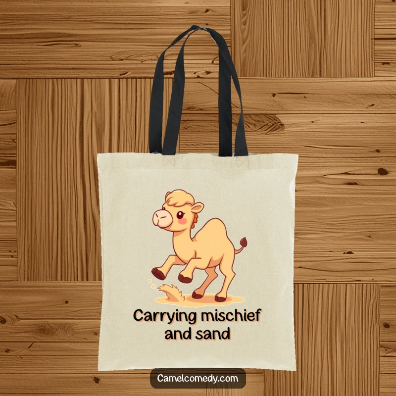 Funny Kawaii Camel Tote Bag featuring a cute camel kicking up sand, a humorous and practical accessory.