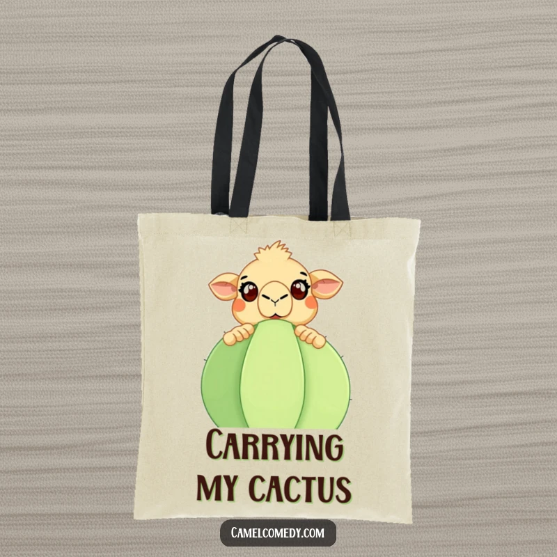 Funny Camel Tote Bag: A surprised camel with wide eyes peeking over a large cactus, ready for any journey. Excellent funny gift idea.
