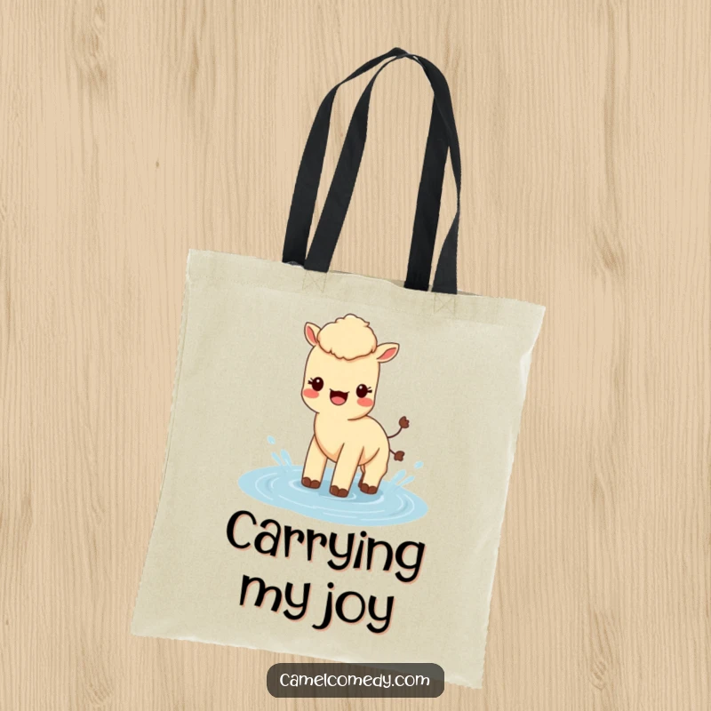 Funny Kawaii Camel Tote Bag featuring a cute camel splashing in water, a humorous and practical accessory.