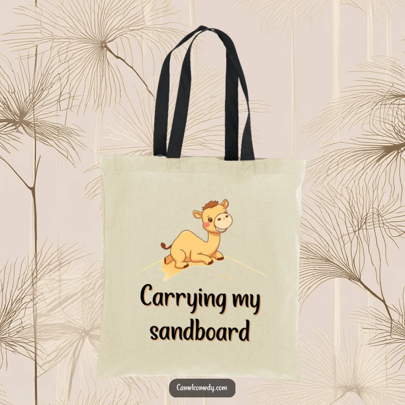 Funny tote bag depicting a kawaii camel grinning while sliding down a sand dune, perfect for desert lovers.