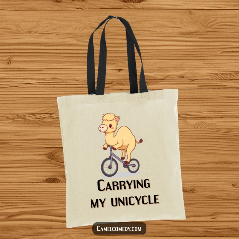 Funny tote bag with a kawaii camel happily wobbling on a tiny unicycle, perfect for circus enthusiasts.
