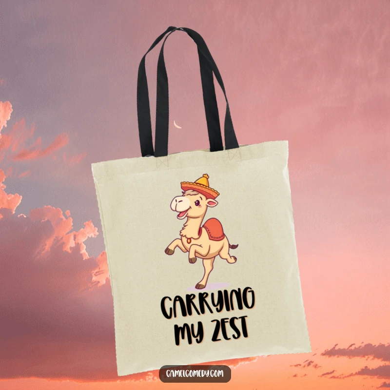 Funny tote bag with a camel kicking up its legs wearing a small sombrero, perfect for carrying groceries with a sense of humor.