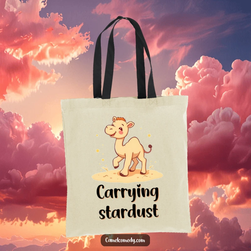 Funny camel star kicker tote bag with a camel kicking up sand joyfully, surrounded by tiny stars, illustrating playful energy.