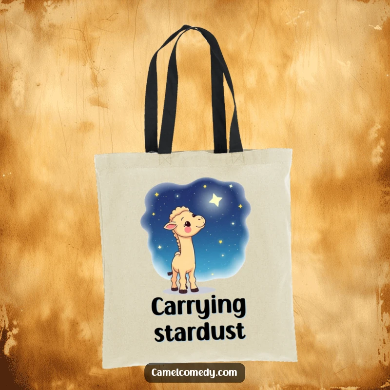 Funny tote bag depicting a whimsical camel gazing up at a celestial, starry night sky, a stylish and dreamy accessory for errands.